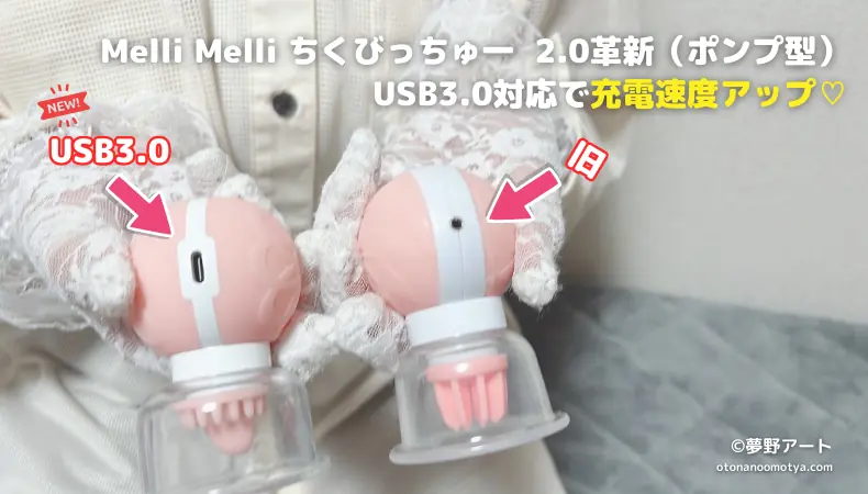 Melli Melli 旧ちくびっちゅ一と2.0革新の充電口の写真
