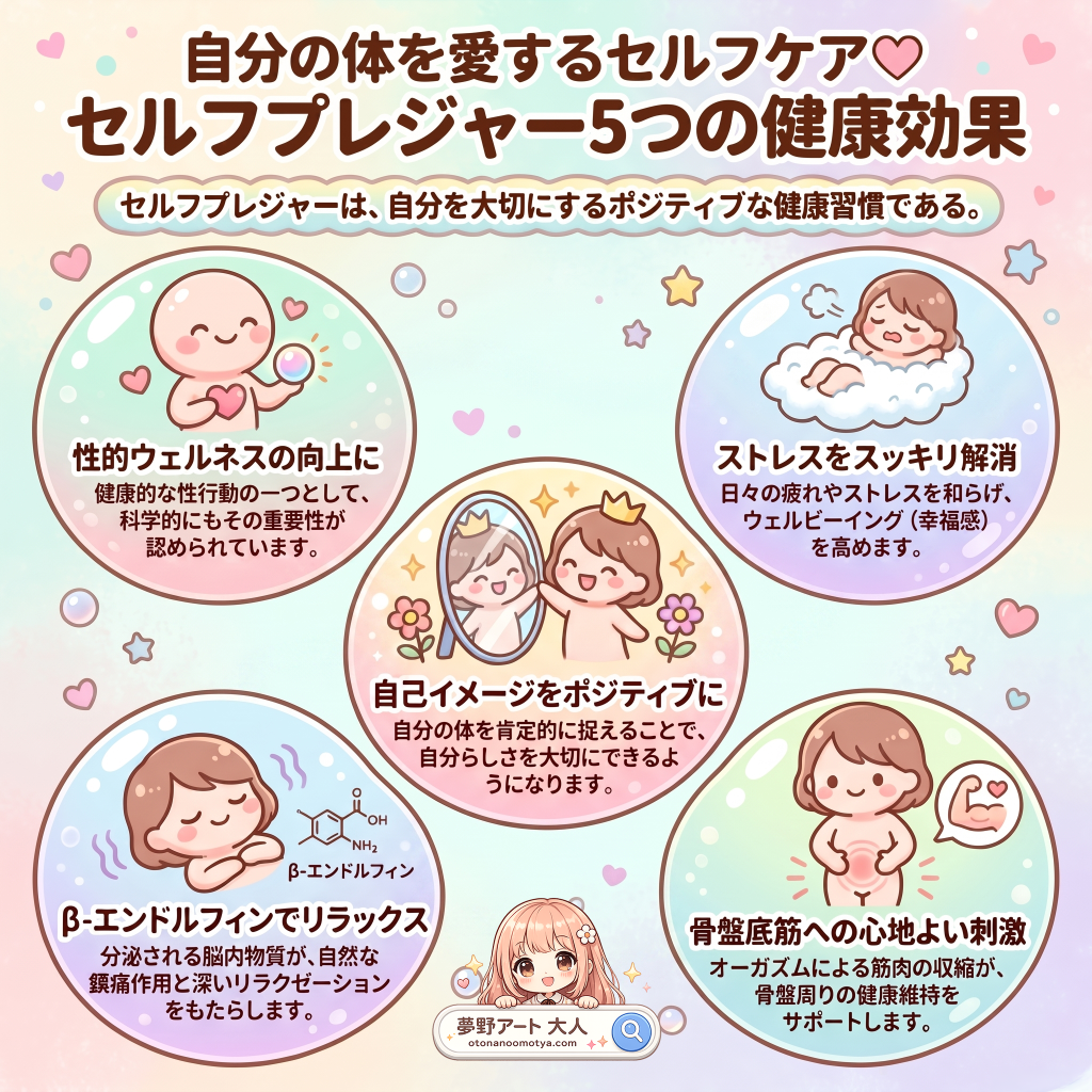 セルフプレジャーの健康効果として、性的ウェルネス、ストレス緩和、自己イメージ、リラックス、骨盤底筋への刺激などの可能性をやさしくまとめた図解