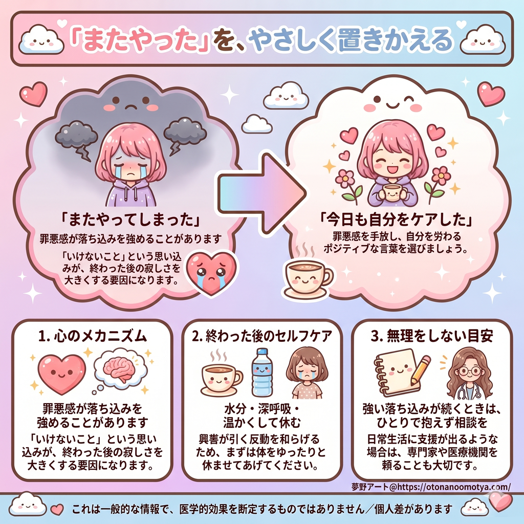 セルフプレジャー後の後悔を軽くする捉え直しの図解。「またやってしまった」を「今日も自分をケアした」に置きかえる。罪悪感が落ち込みを強めることがある、終わったら休む、強い落ち込みが続くときは相談を、という3つのヒント（個人差があります／医学的効果を断定するものではありません）。