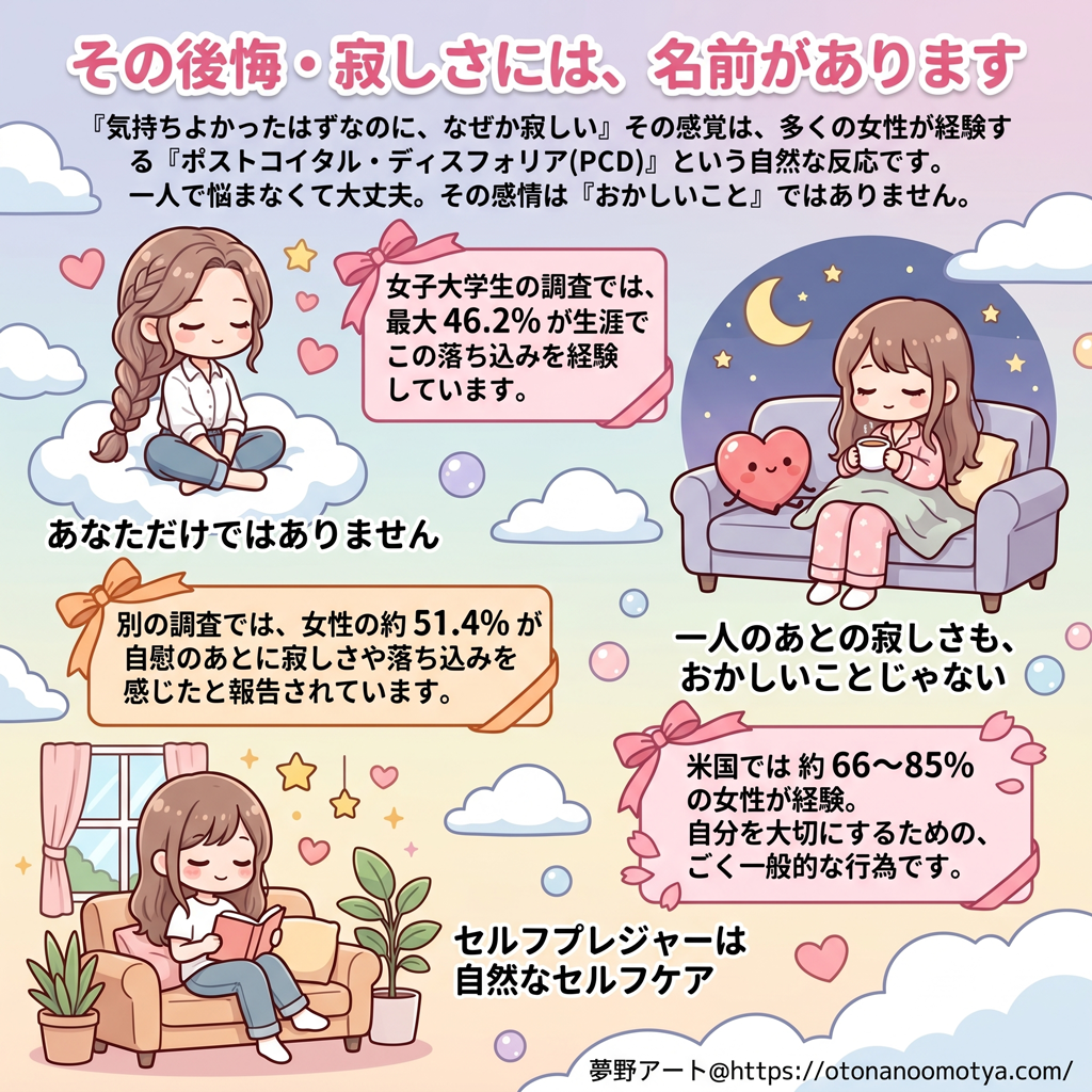 セルフプレジャーやセックスの後に気分が落ち込む「ポストコイタル・ディスフォリア（PCD）」を説明する図解。オーストラリアの研究では生涯最大46.2%、別の小規模研究では女性の約51.4%が自慰後に経験と報告（個人差があります）。米国調査では生涯のセルフプレジャー経験率は約66〜85%。