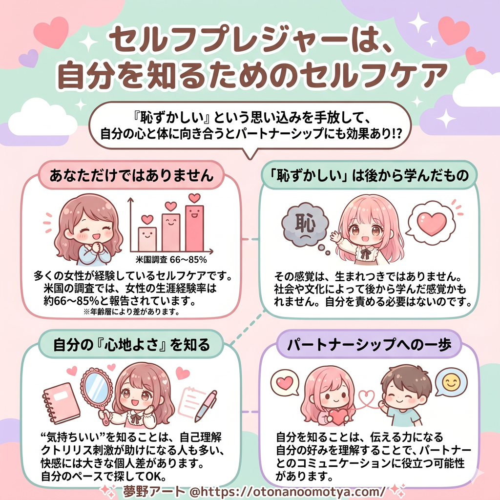 画像 セルフプレジャーは自分を知るためのセルフケアであることを示す図解。米国調査では生涯経験率が約66〜85%、クリトリス刺激が必要または助けになる女性が合わせて約72.6%と報告(いずれも米国データ・個人差があります)。