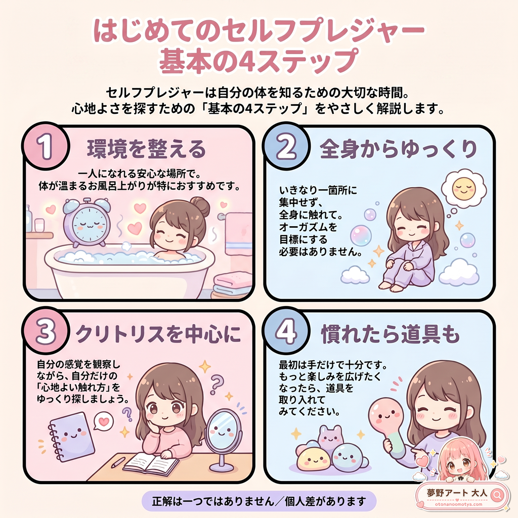 画像 女性のセルフプレジャー基本4ステップ(環境を整える・全身からゆっくり・クリトリスを中心に・慣れたら道具も)をまとめた図解。正解は一つではなく個人差があります。